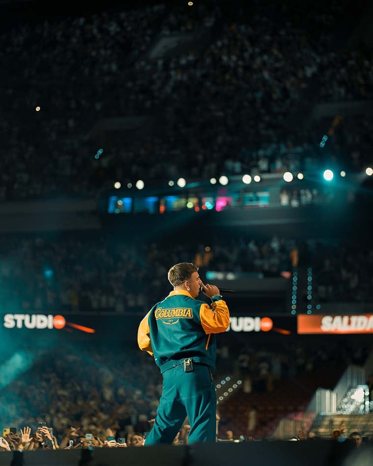 Artista en el escenario ante el público de un gran evento